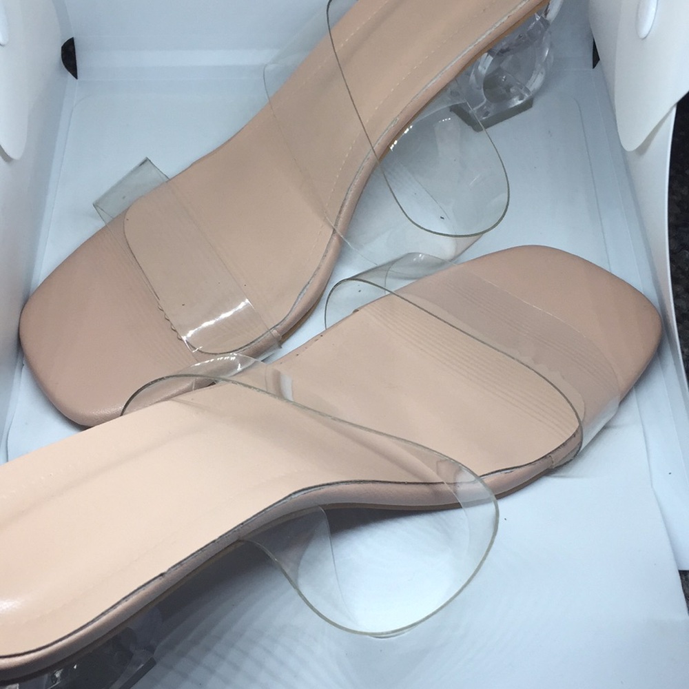 Tan/Beige and clear double ring heeled sandals